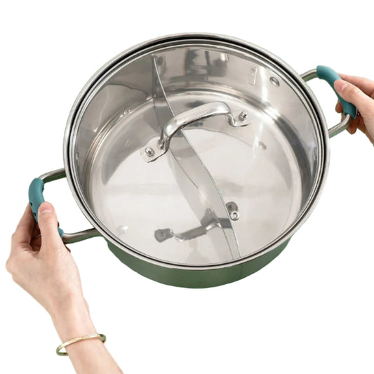 person holding a pot with teal silicone pot handle grips
