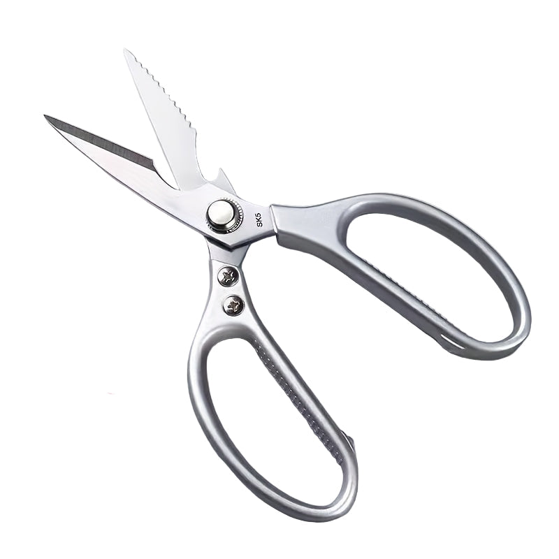 Pair of steel kitchen shears on a white background