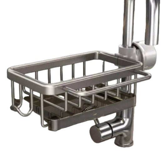 small silver sink caddy attached to a faucet