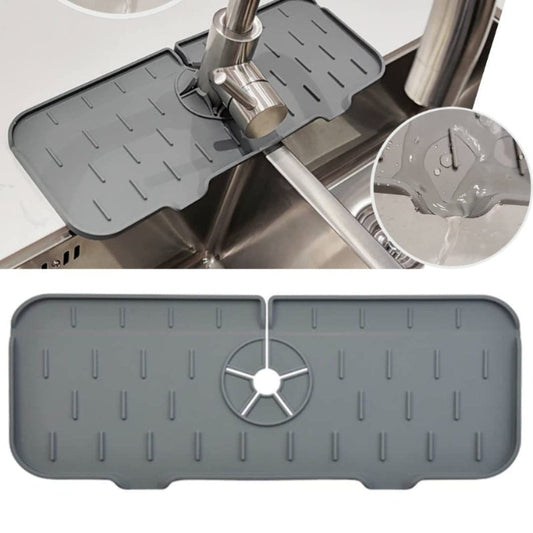 grey kitchen sink drip mat around a faucet