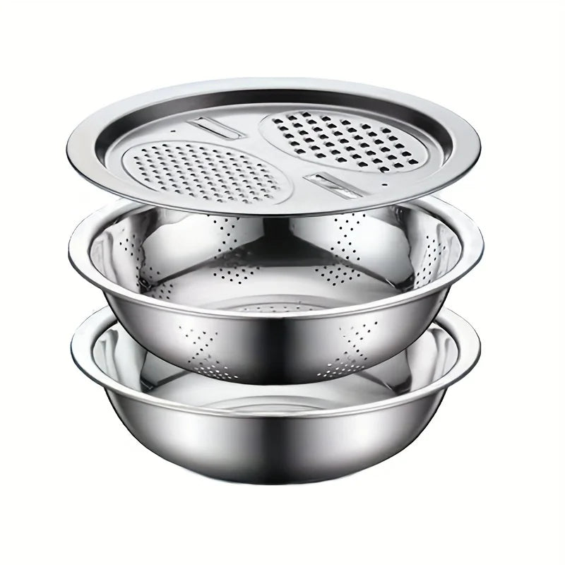 Set of three stainless steel colanders stacked on a white background