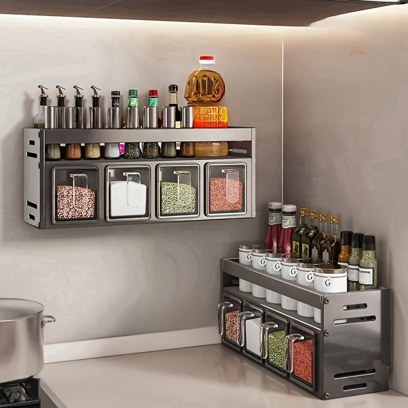 Spice rack with various containers on a kitchen wall