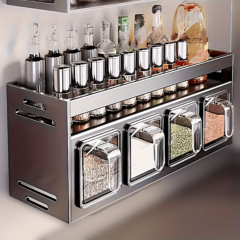 Spice rack with various jars on a shelf