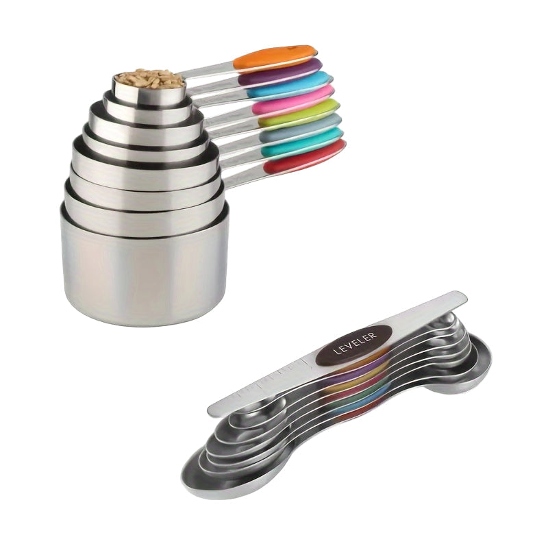 Set of stainless steel measuring cups with colorful handles and a leveling tool on a white background.