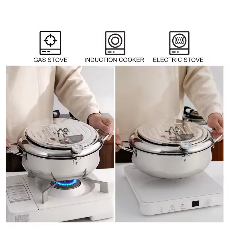 Stainless steel frying pan being used on a gas stove and induction cooktop.