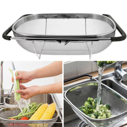 Collage of a metal colander being used to wash vegetables in a kitchen setting.