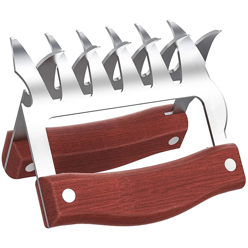 two interlocked stainless steel and wood meat claws