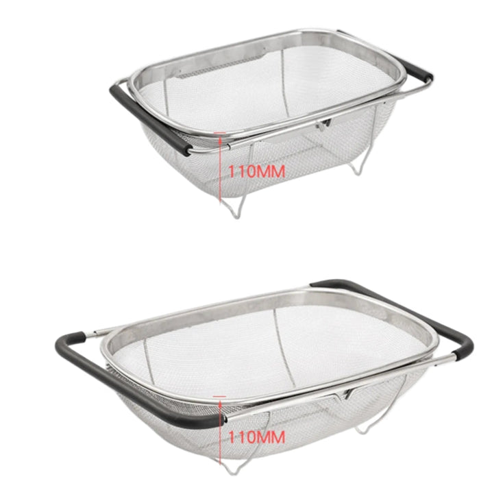 Two metal colanders with mesh baskets on a white background, showing measurement details.