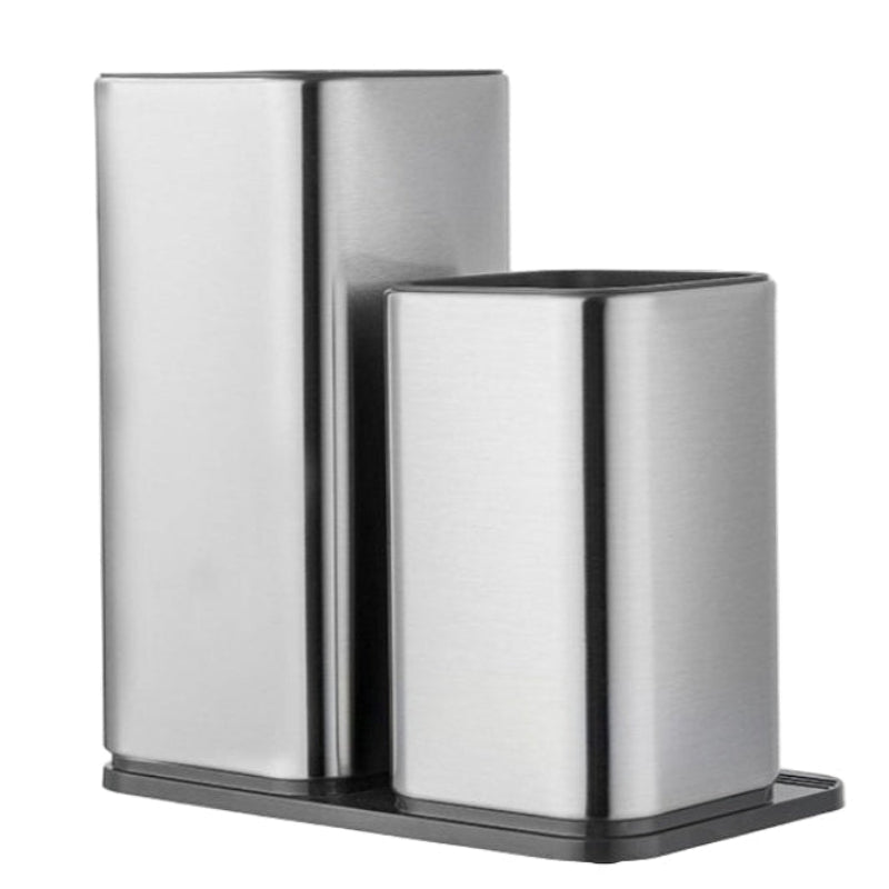 Set of two metallic utensil holders on a white background