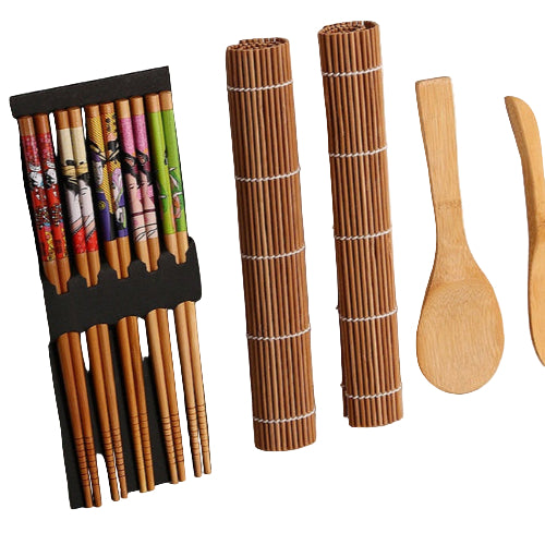 sushi set with chopsticks, rolling mats and wooden rice paddles