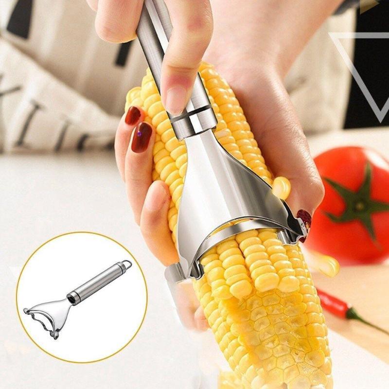 person cutting corn off the cob with a steel corn cutter planer