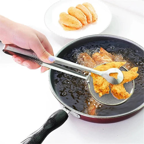 Person frying food in a pan using tongs 