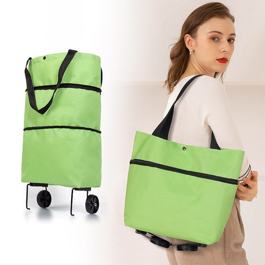 green shopping tote bag with wheels