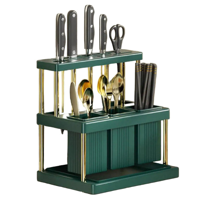 green two tier utensil holder and knife rack
