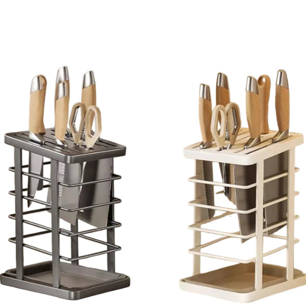 Two knife and scissors storage racks, one gray and one beige, on a white background