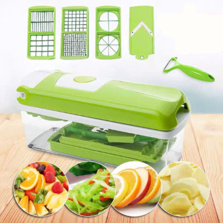 Green kitchen slicer with attachments on a wooden surface