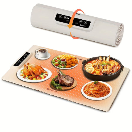 food heating mat with plates of food and a rolled up mat above it