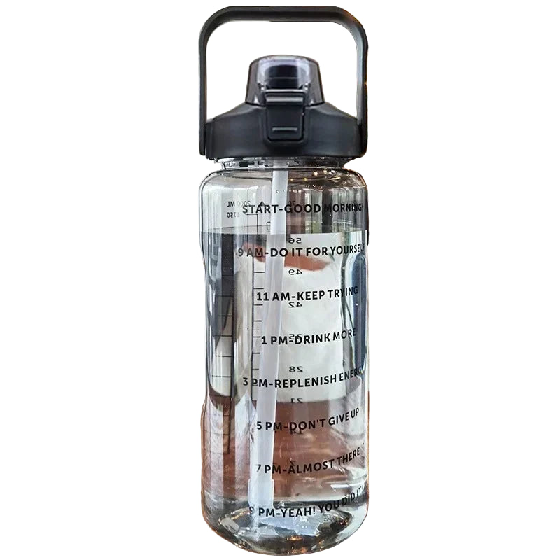 black 2L water bottle with handle and built in straw