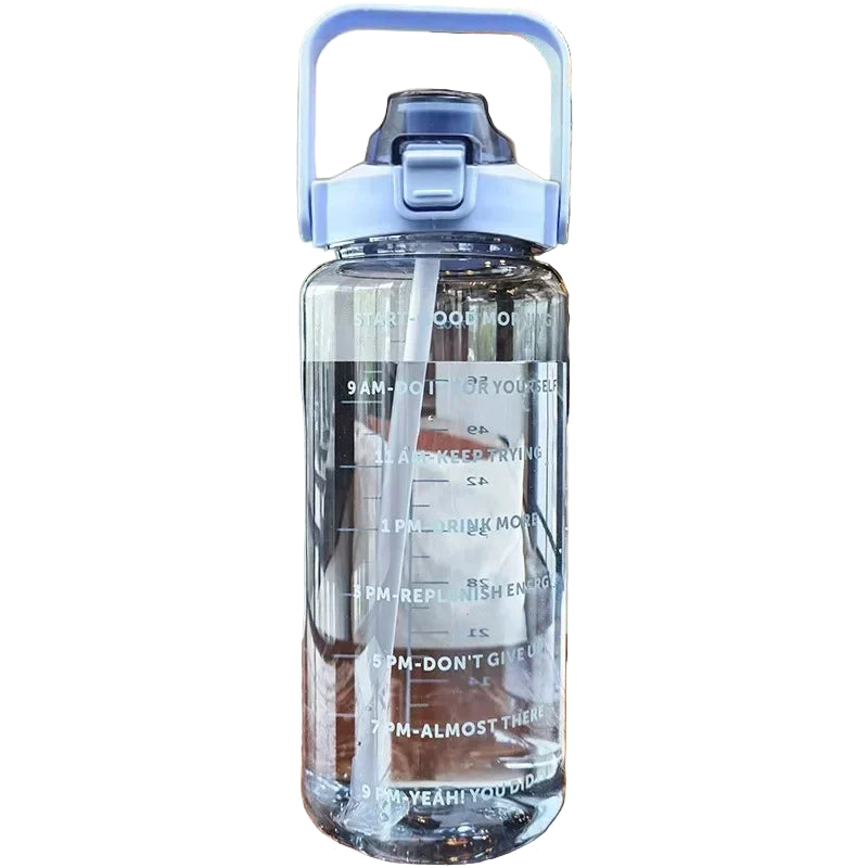 blue 2L water bottle with handle and built in straw