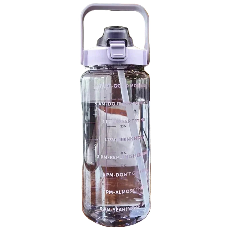 purple 2L water bottle with handle and built in straw