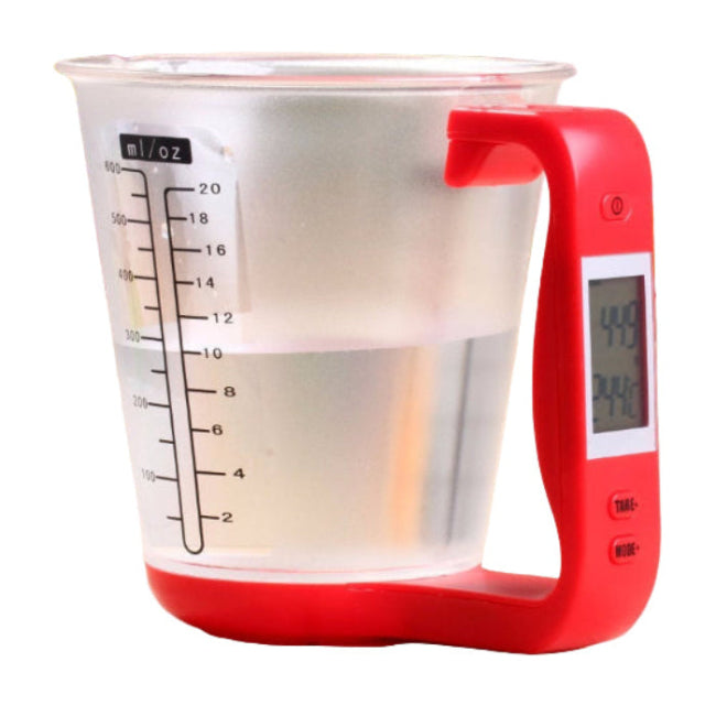 transparent measuring jug scale with a red handle 