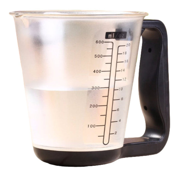 transparent measuring scale jug with a black handle