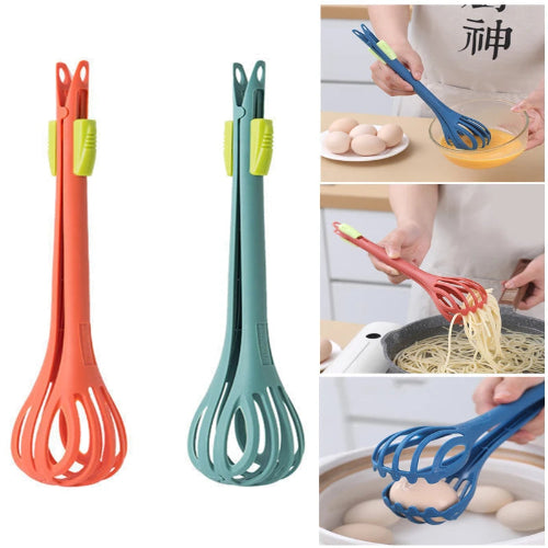 Multifunctional egg beater, food clips, and bake tool with images of use in a kitchen.