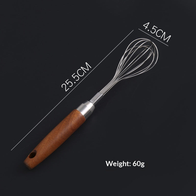 Whisk with wooden handle and metal whisk head on a black background, showing measurements and weight.