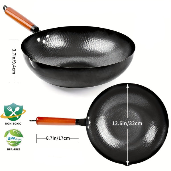 Black wok with measurements and product information on a white background