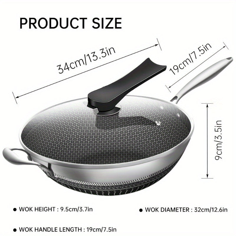 Wok with lid and measurement details on a white background