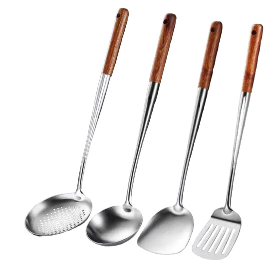 stainless steel wok cooking utensils with wooden handles