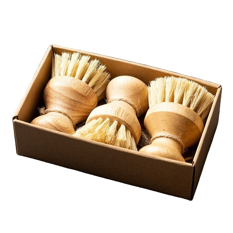 Set of three wooden brushes with bristles in a cardboard box on a white background
