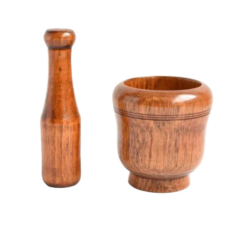 Wooden mortar and pestle with dimensions labeled on a white background