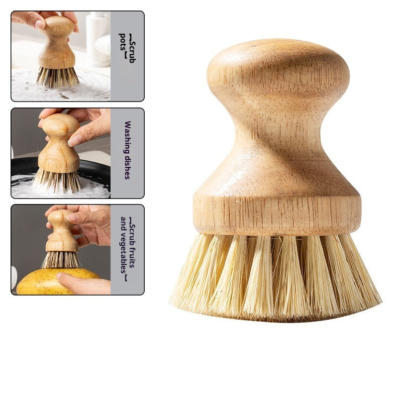 Wooden dish brush with bristle head on a white background